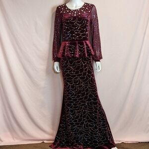 Jazzline Beaded Velvet Dark Red Peplum Long Mesh Sleeve Maxi Dress